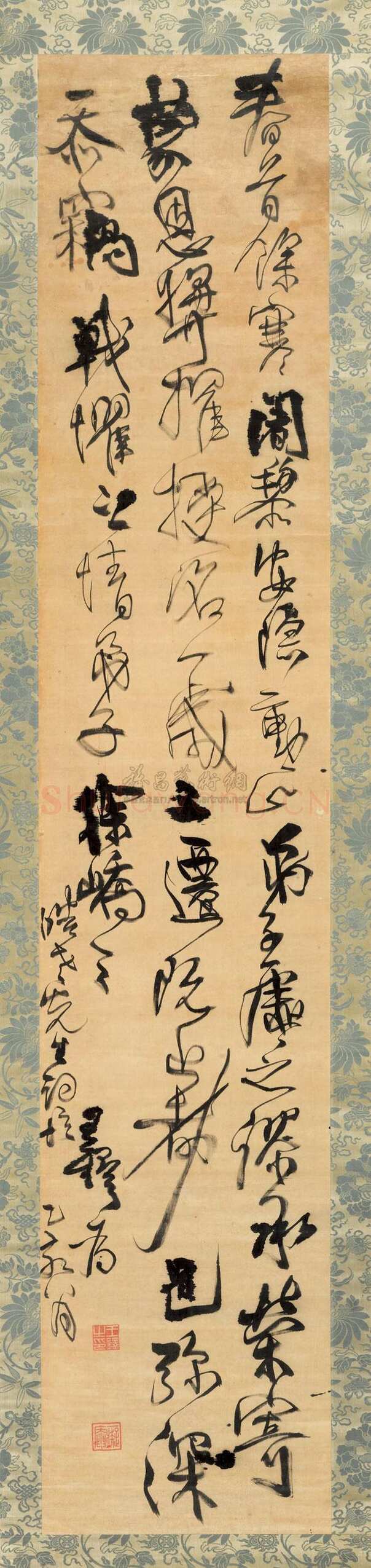 王铎《临徐峤之帖》轴 崇祯八年(乙亥1635年)绫本，271×53cm，日本铃木景堂旧藏。