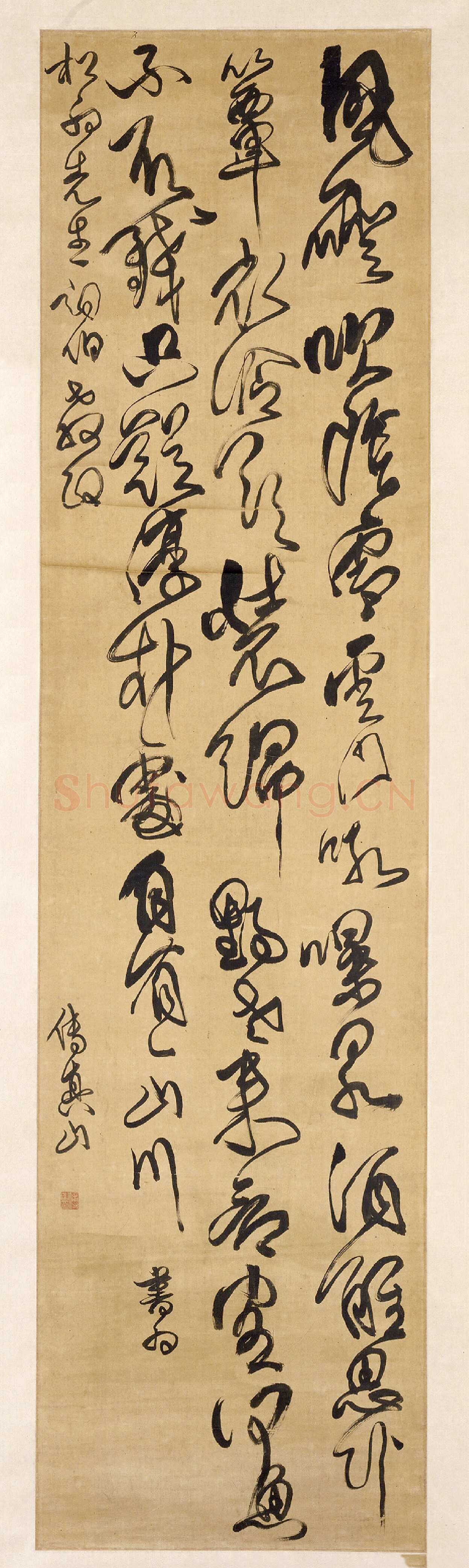 傅山《草书风磴吹阴雪五律诗轴》绫本，纵185.7cm，横51cm。北京故宫博物院藏