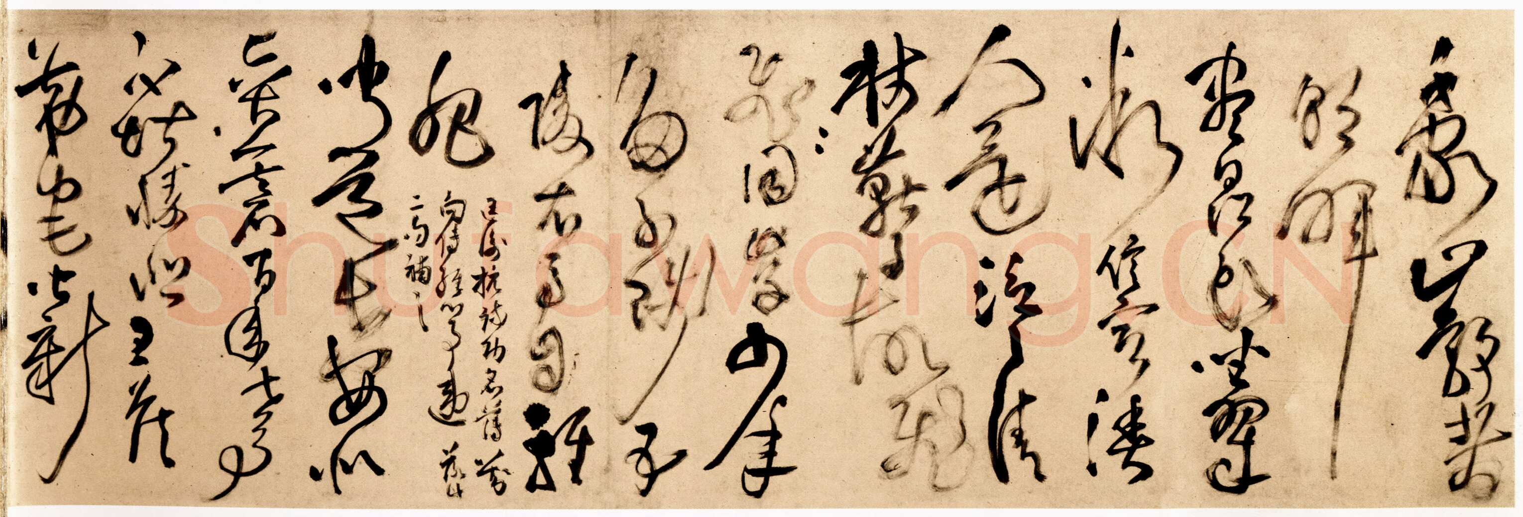 王铎 《杜甫秋兴》卷 清顺治三年(丙戌1646年)。纸本草书。纵28厘米，横420厘米。广州美术馆藏。