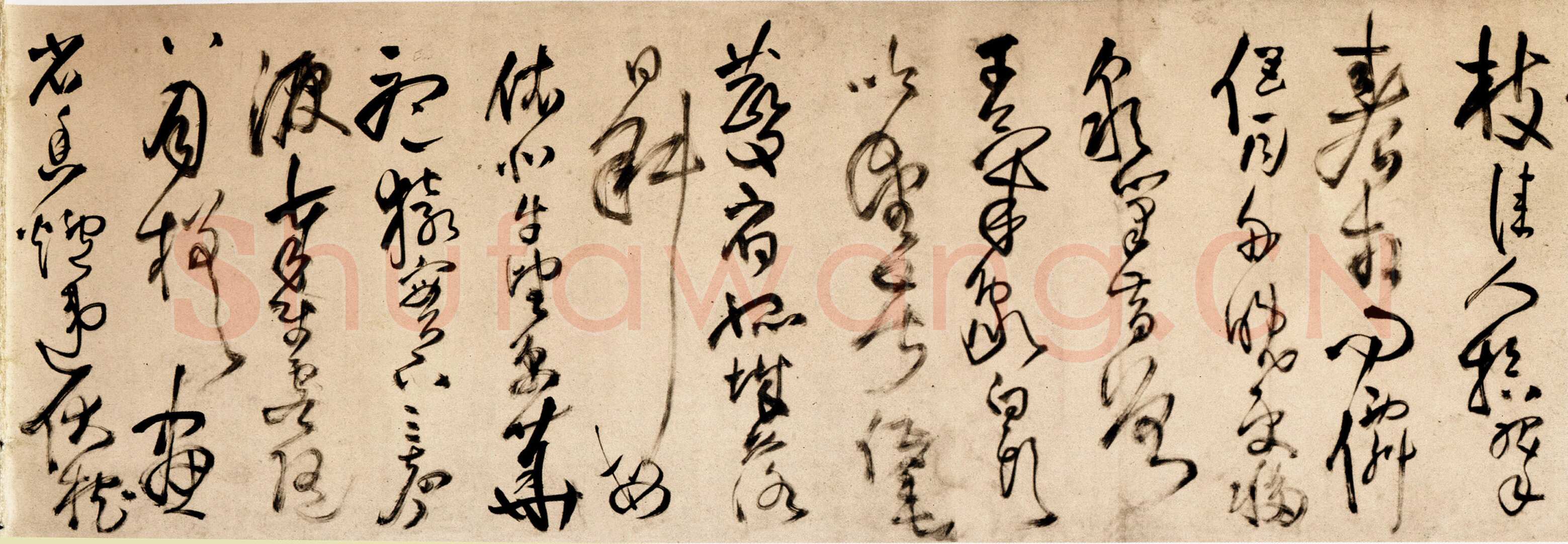 王铎 《杜甫秋兴》卷 清顺治三年(丙戌1646年)。纸本草书。纵28厘米，横420厘米。广州美术馆藏。