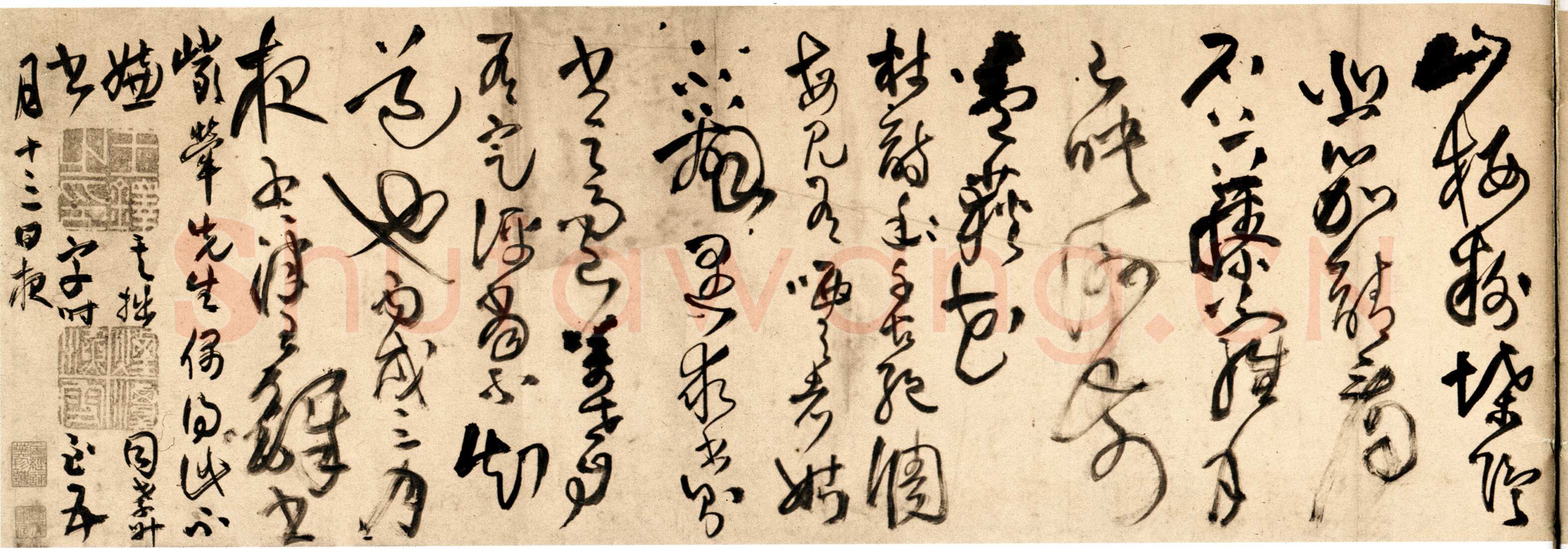 王铎 《杜甫秋兴》卷 清顺治三年(丙戌1646年)。纸本草书。纵28厘米，横420厘米。广州美术馆藏。