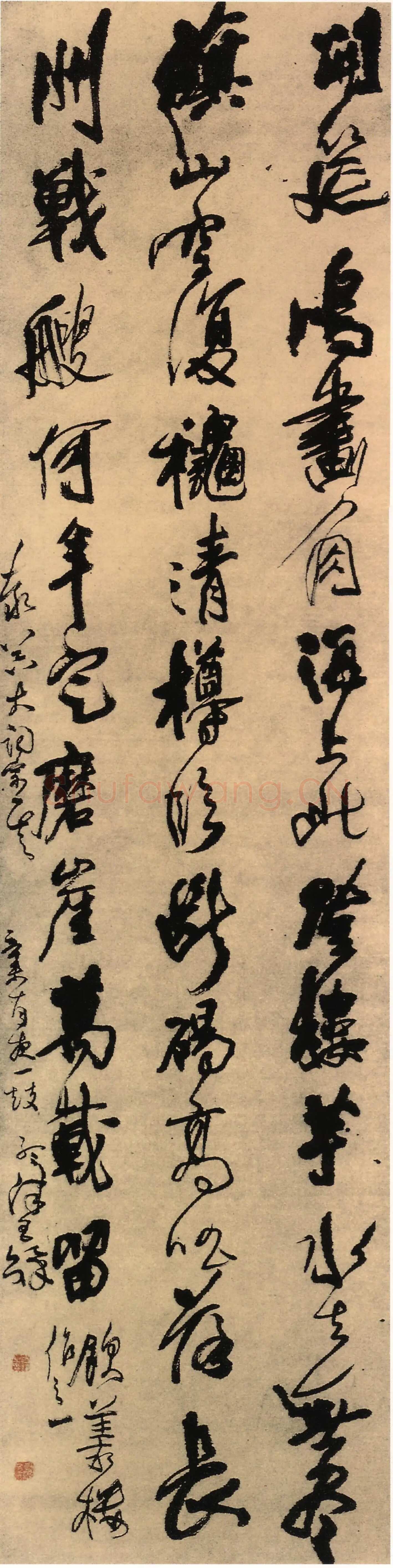 王铎《为泰器大词宗书五律》轴 崇祯四年(辛未1631年)绢本 纵286cm，宽73cm，香港虚白斋藏 。