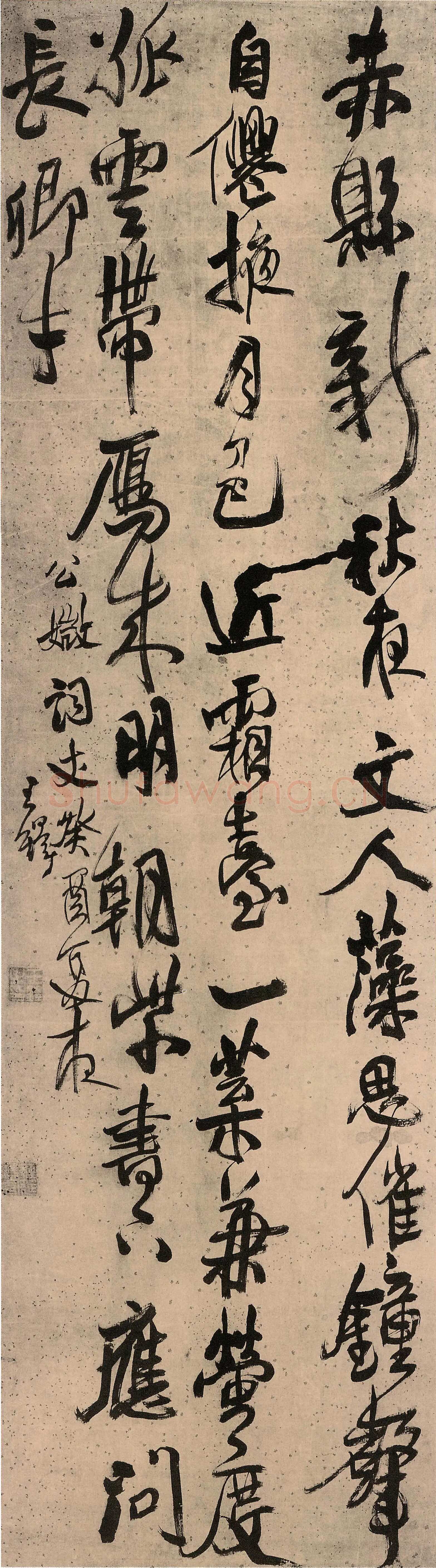 王铎《书钱起和万年成少府寓直五律》轴 崇祯六年(癸酉1633年)， 绫本 纵202cm，宽56cm， 开封市文物商店藏 。
