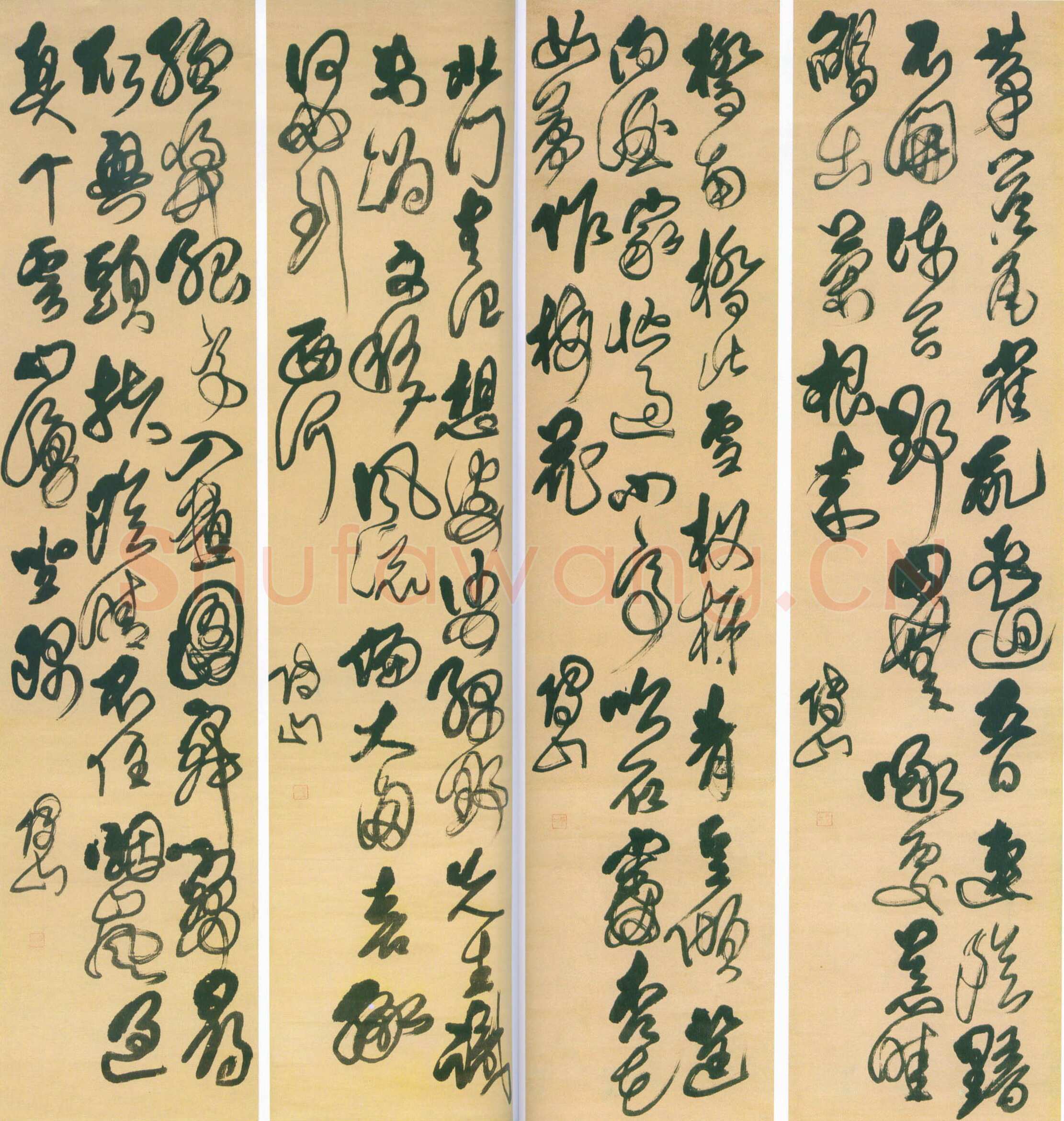 傅山《草书七绝诗屏》轴 绫本 198.7×46.8×4，上海博物馆藏