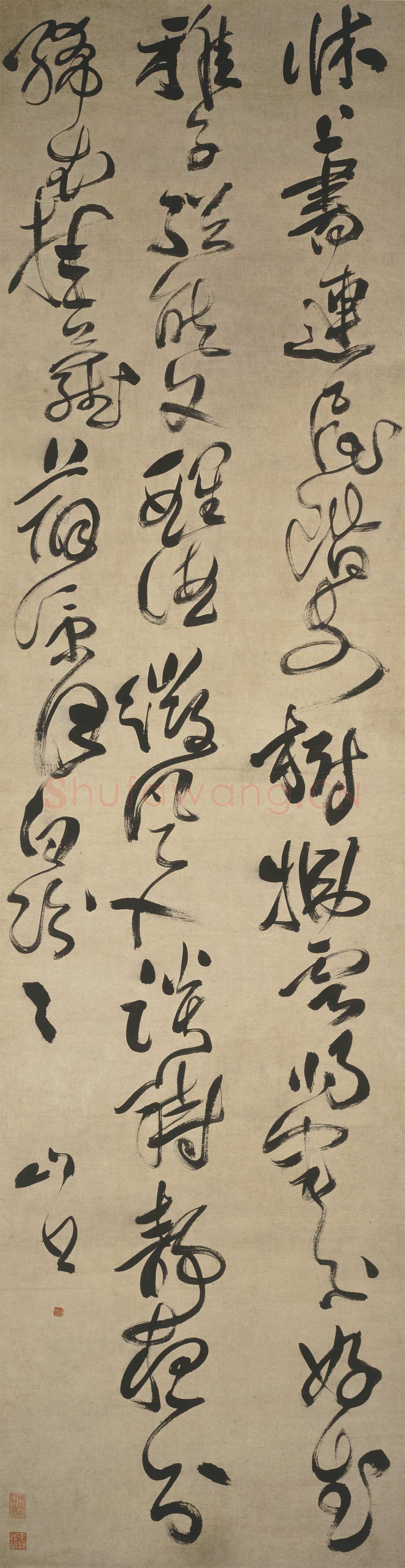 傅山《草书杜甫五律诗轴》纸本草书 206.0×54.0cm 上海博物馆藏