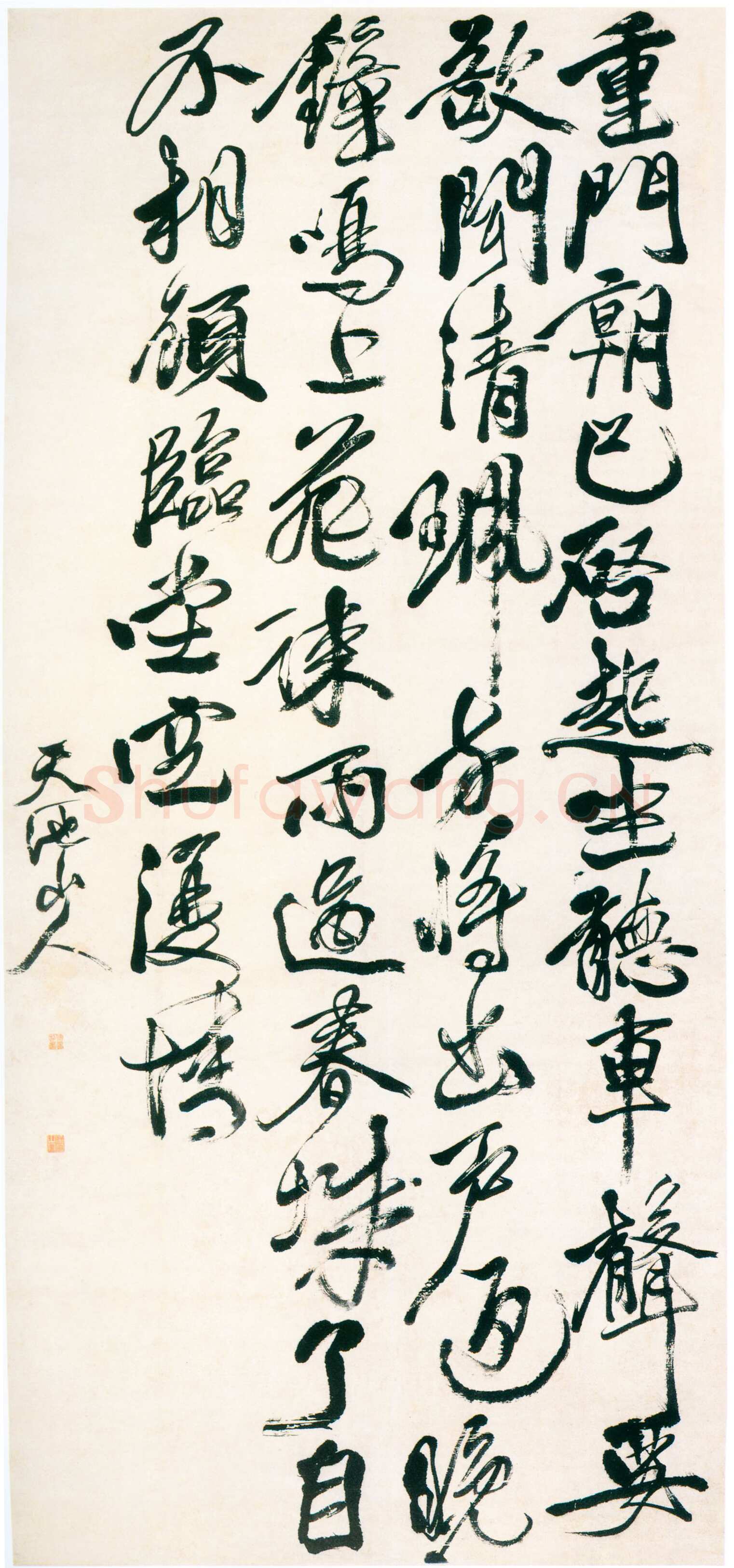 徐渭《行书王维“待储光羲不至”五律诗轴》纸本行书，227cm×105.2cm 浙江省博物馆藏