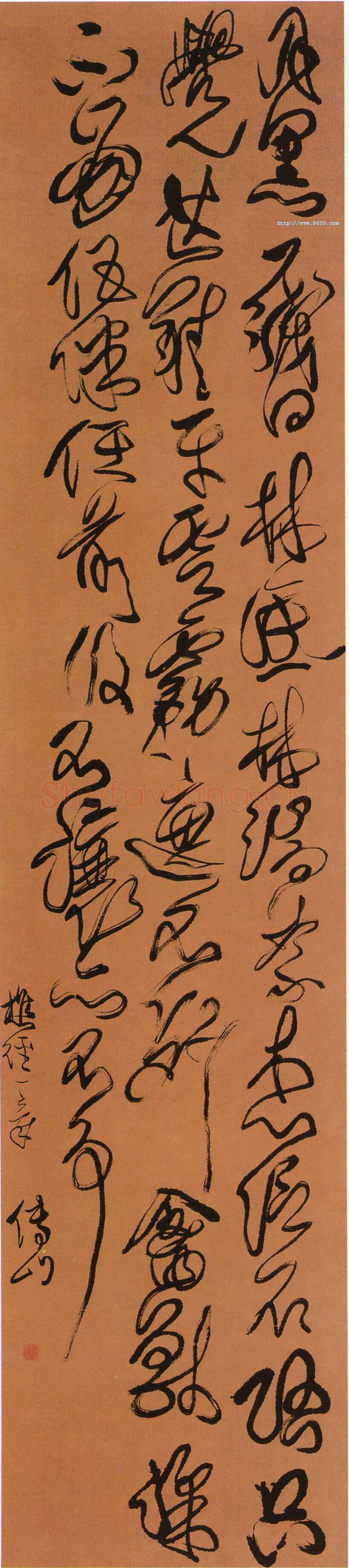 傅山《草书月黑一线白诗轴》绢本 纵203厘米 横45厘米 日本藏