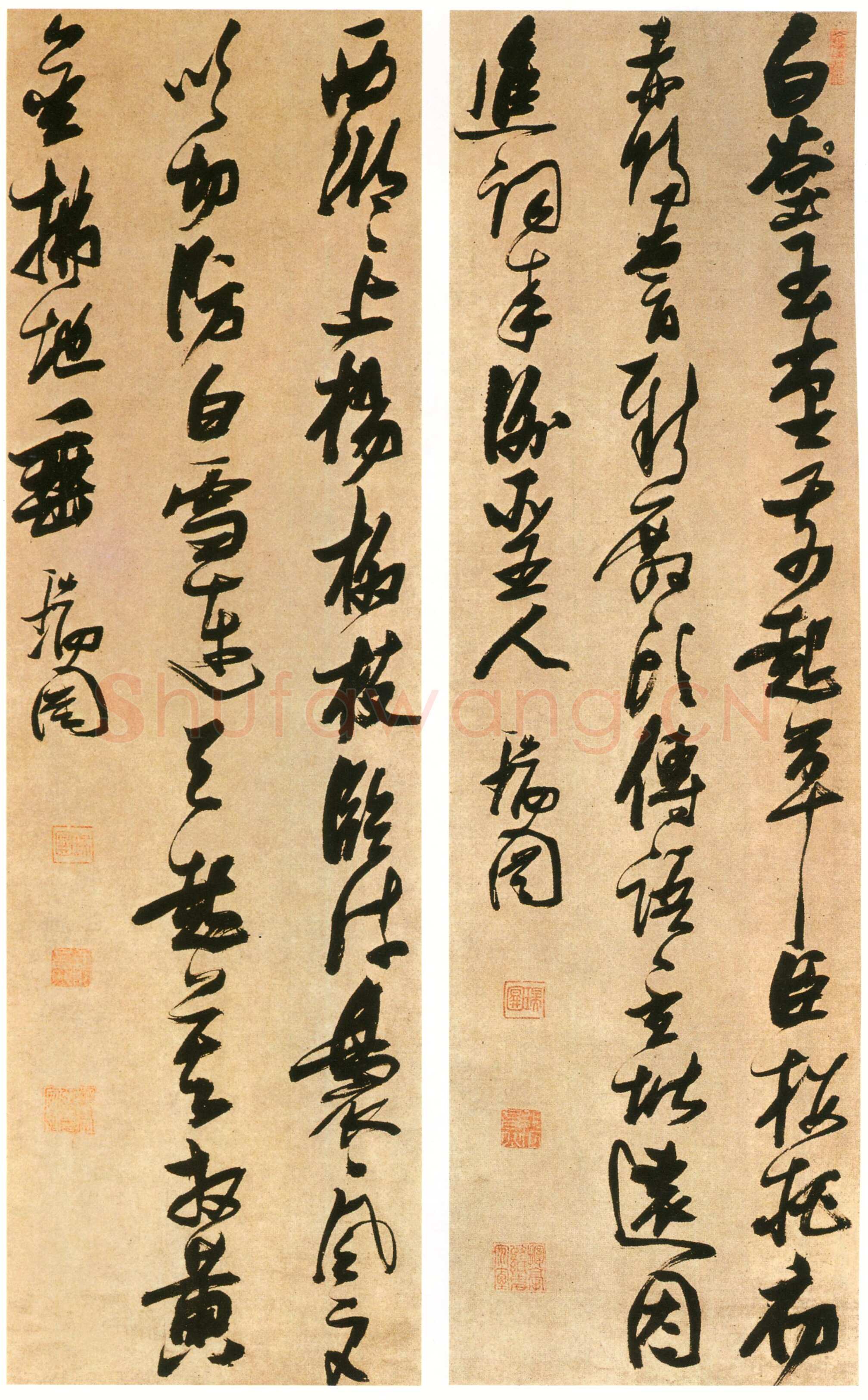 张瑞图《书王建宫词等四首条屏》绫本行草书 261×94.5cm×4条 日本黄檗山万福寺藏