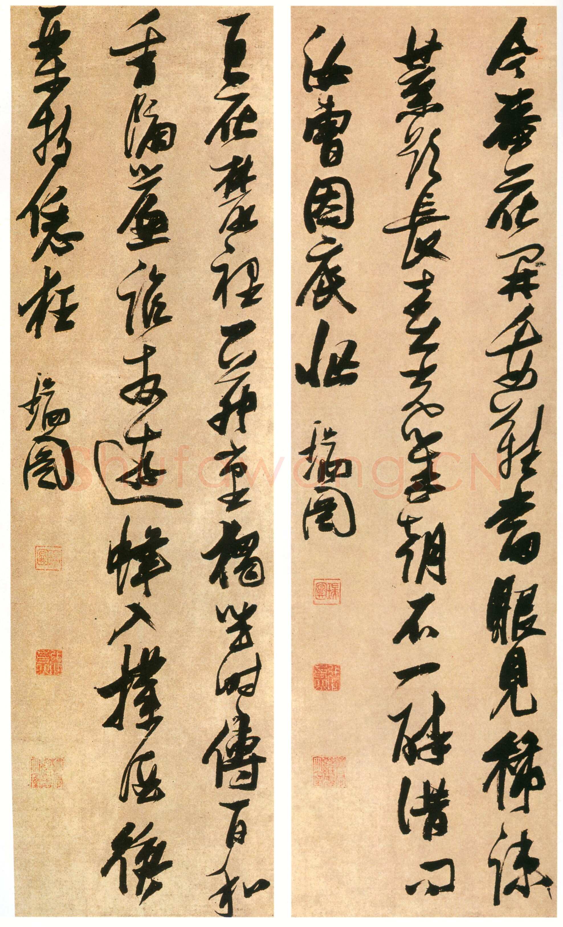 张瑞图《书王建宫词等四首条屏》绫本行草书 261×94.5cm×4条 日本黄檗山万福寺藏