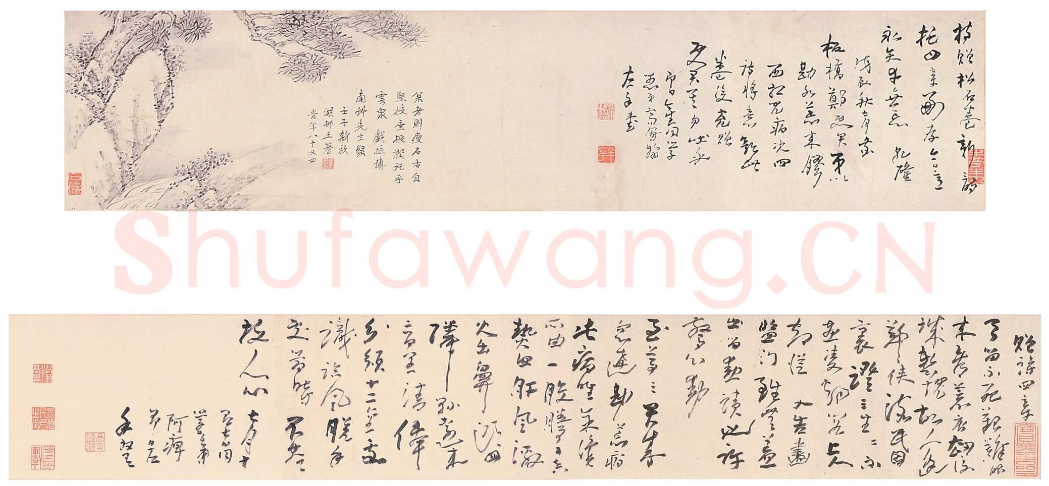 高凤翰《题诗王蓍绘松石书画卷》墨笔纸本 26.7×122.3cm；26.7×183cm；26.7×206cm 扬州市博物馆藏