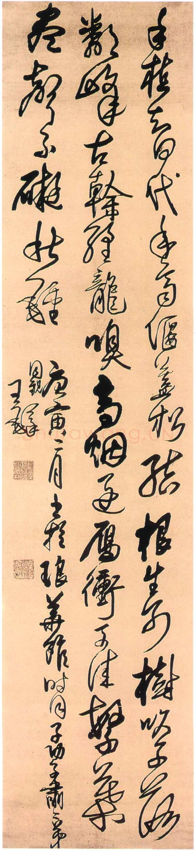 王铎《行书同子功、子萧观诗轴》清顺治七年(庚寅1650)年)纵233.3厘米 横51.8厘米 北京故宫博物院藏