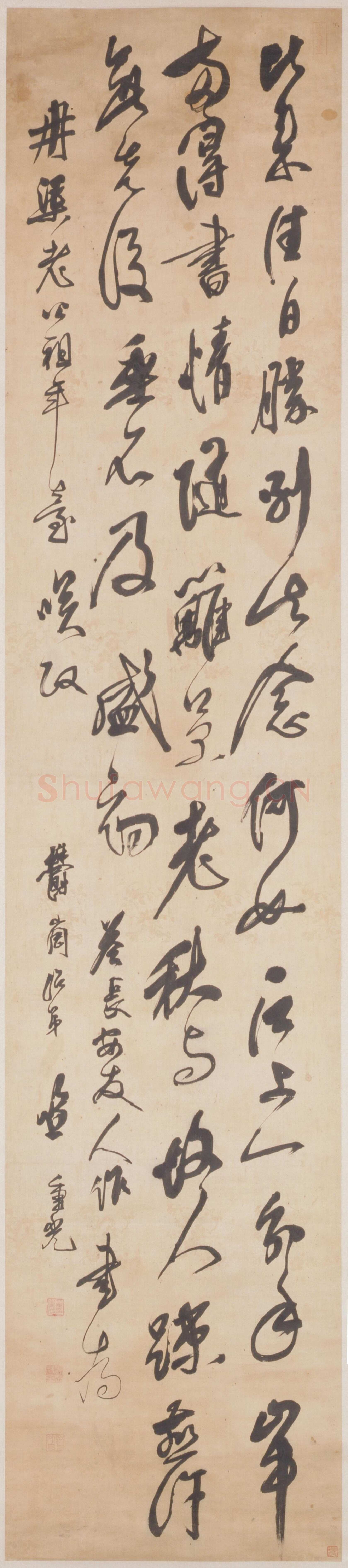 笪重光《答长安友人作五律一首》纸本行草书，242.8×52.5cm 北京故宫博物院藏