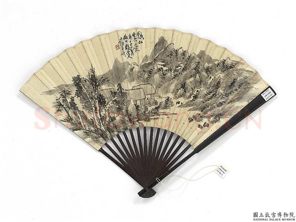 蒲华《溪山春意图并行书画禅室随笔扇》金笺行书 17.8×44cm 台北故宫博物院藏
