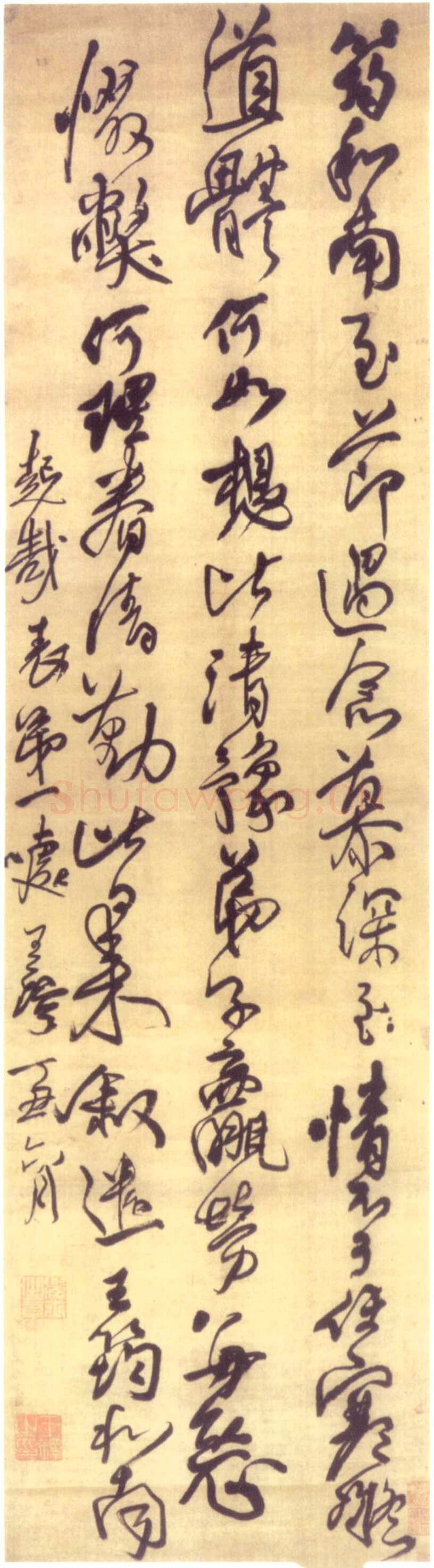 王铎《临王筠帖行书轴》崇祯十年(丁丑1637年)绫本 86.8×50.7厘米 上海博物馆藏