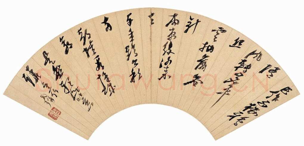 倪元璐《草书五言诗扇面》金笺 17.3×53cm 嘉德2005秋拍