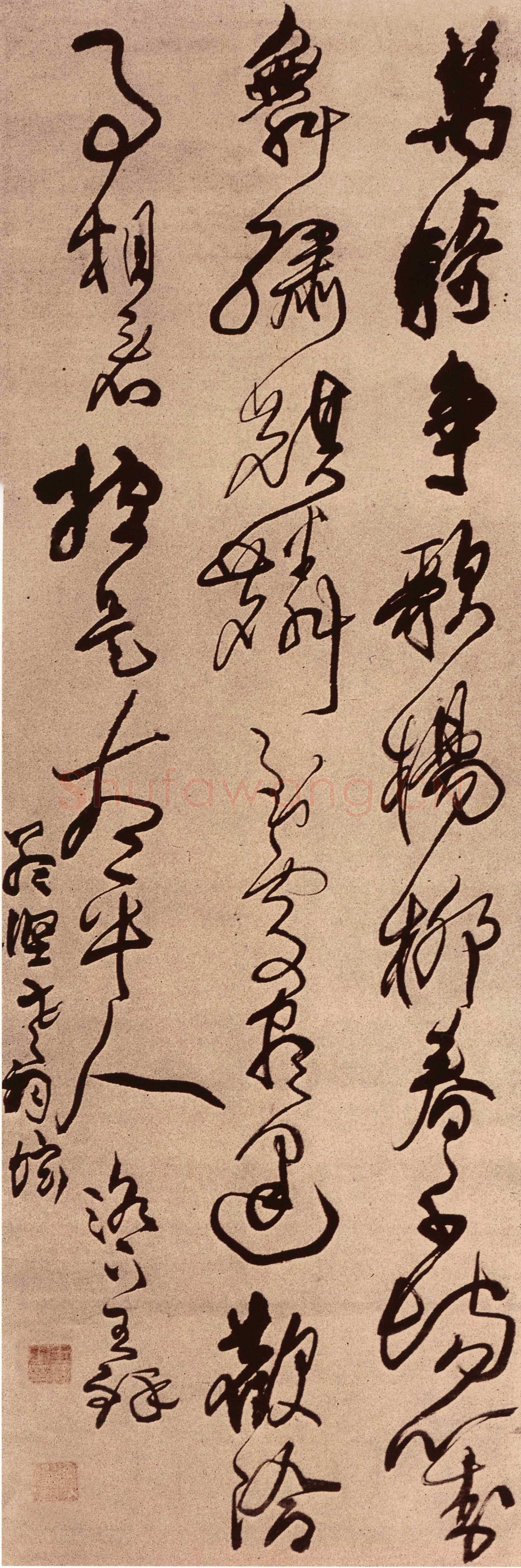 王铎《草书高适七绝万骑争歌杨柳春诗立轴》约书于明崇祯十二-十三年(己卯1639-庚辰1640年)，行草书。166×55cm 日本村上三岛氏藏