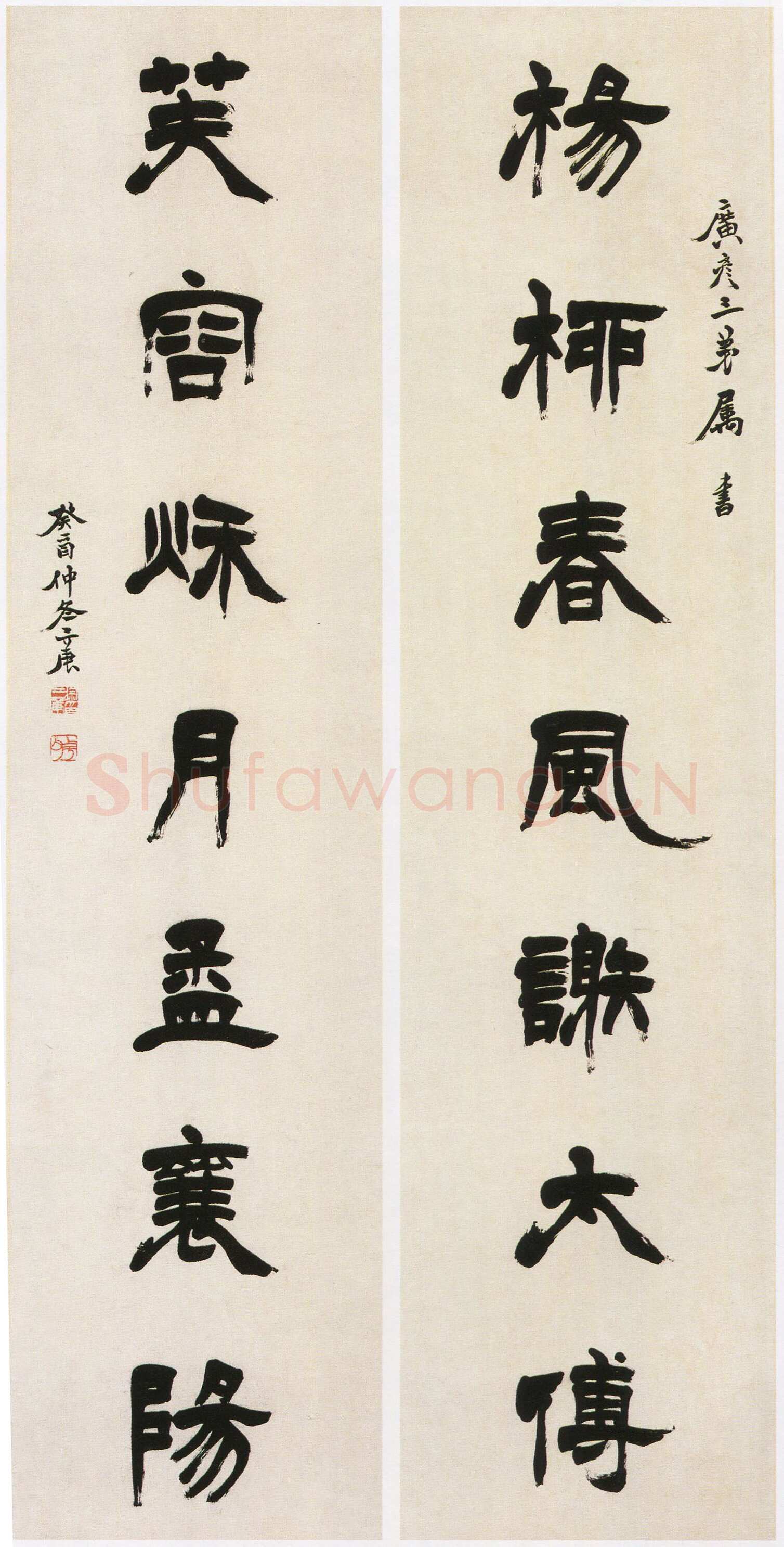 徐三庚《隶书杨柳芙容七言联》纸本隶书 134.8×32.2cm×2 1873年 浙江省博物馆藏