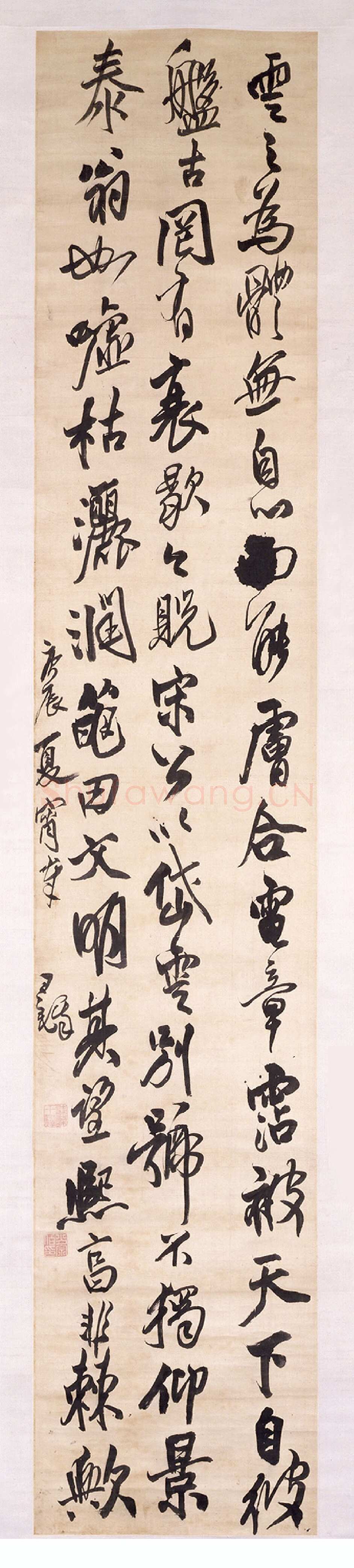 王铎《草书录语》轴，崇祯十三年(庚辰1640年)，绫本，纵254.2cm，横48.2cm。北京故宫博物院藏