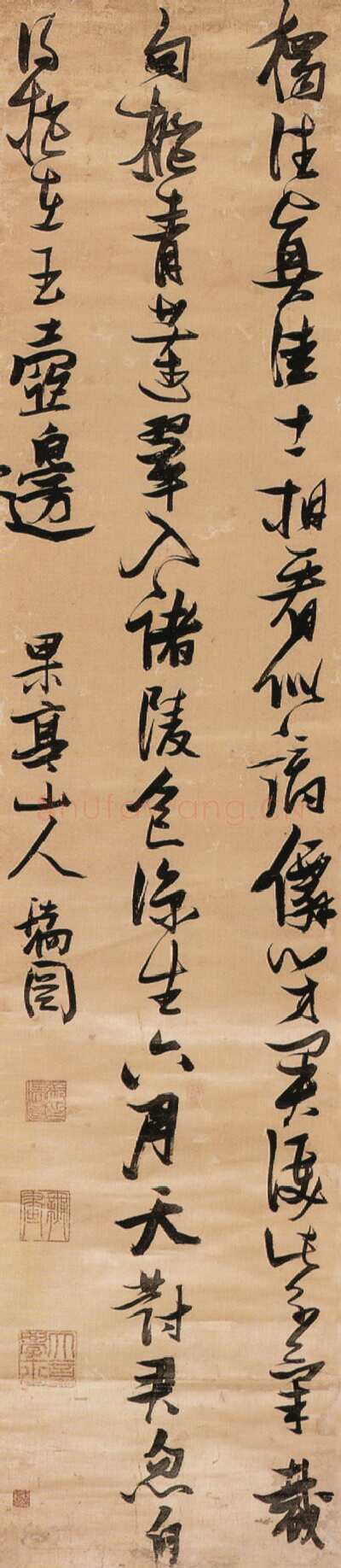 张瑞图《行书五律诗轴》金笺，纵170厘米、横55厘米广东省博物馆藏