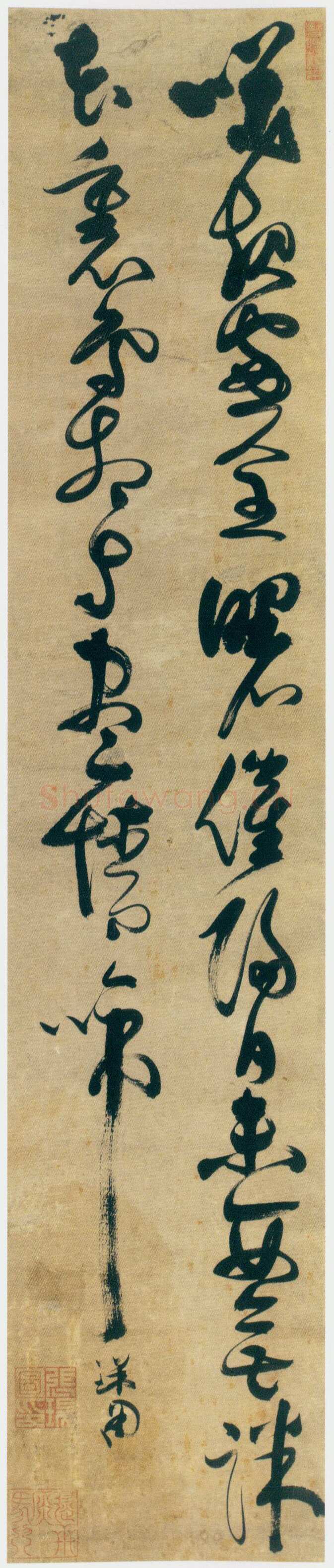 张瑞图《草书韩愈五绝诗轴》绢本草书 166.5×34cm 天津博物馆藏