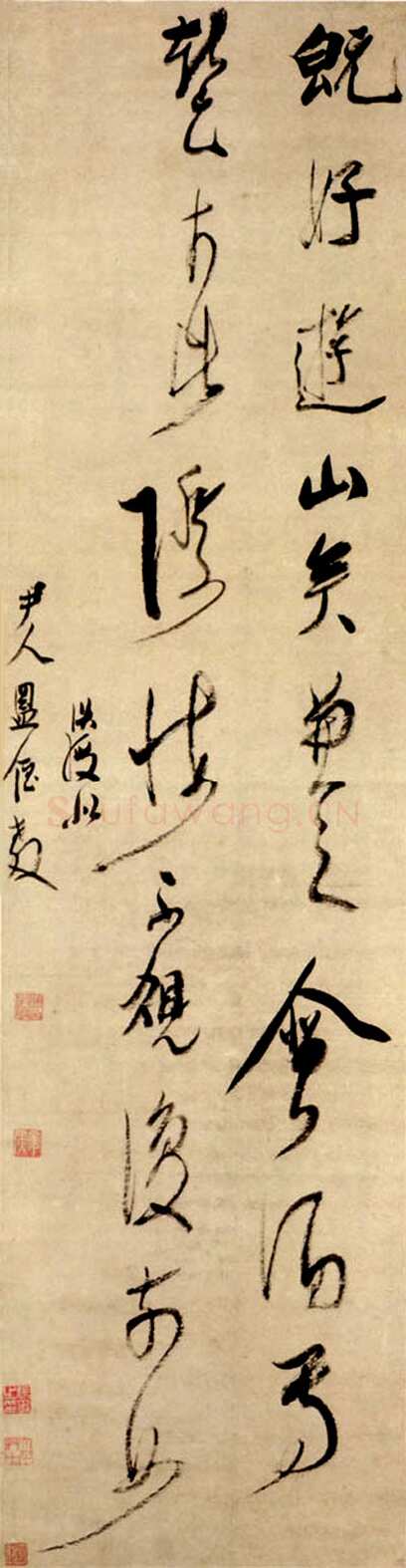 陈洪绶《自作岁前三日五言诗》轴 纸本 行草 114.6×32cm 约顺治六年(1649)美国普林斯顿大学美术馆藏