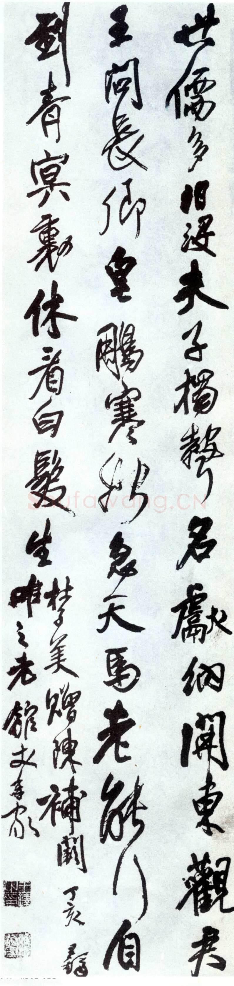 王铎《杜子美赠陈补阀诗》清顺治四年(丁亥1647年)，绫本，行书，纵203cm，横5lcm 开封市博物馆藏。