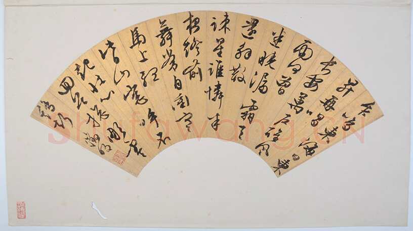 文徵明《草书自作鸡声诗扇面》金笺，纵24.6厘米，横52.5厘米。常熟博物馆藏
