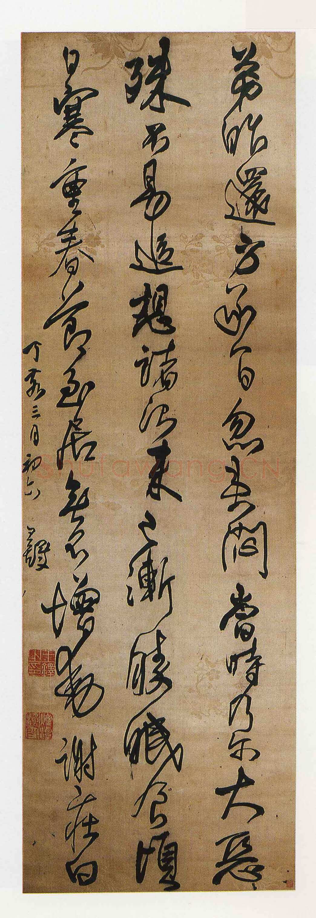 王铎《草书临帖》轴，清顺治四年(丁亥1647年)绫本， 纵163cm，横51.5cm。北京故宫博物院藏