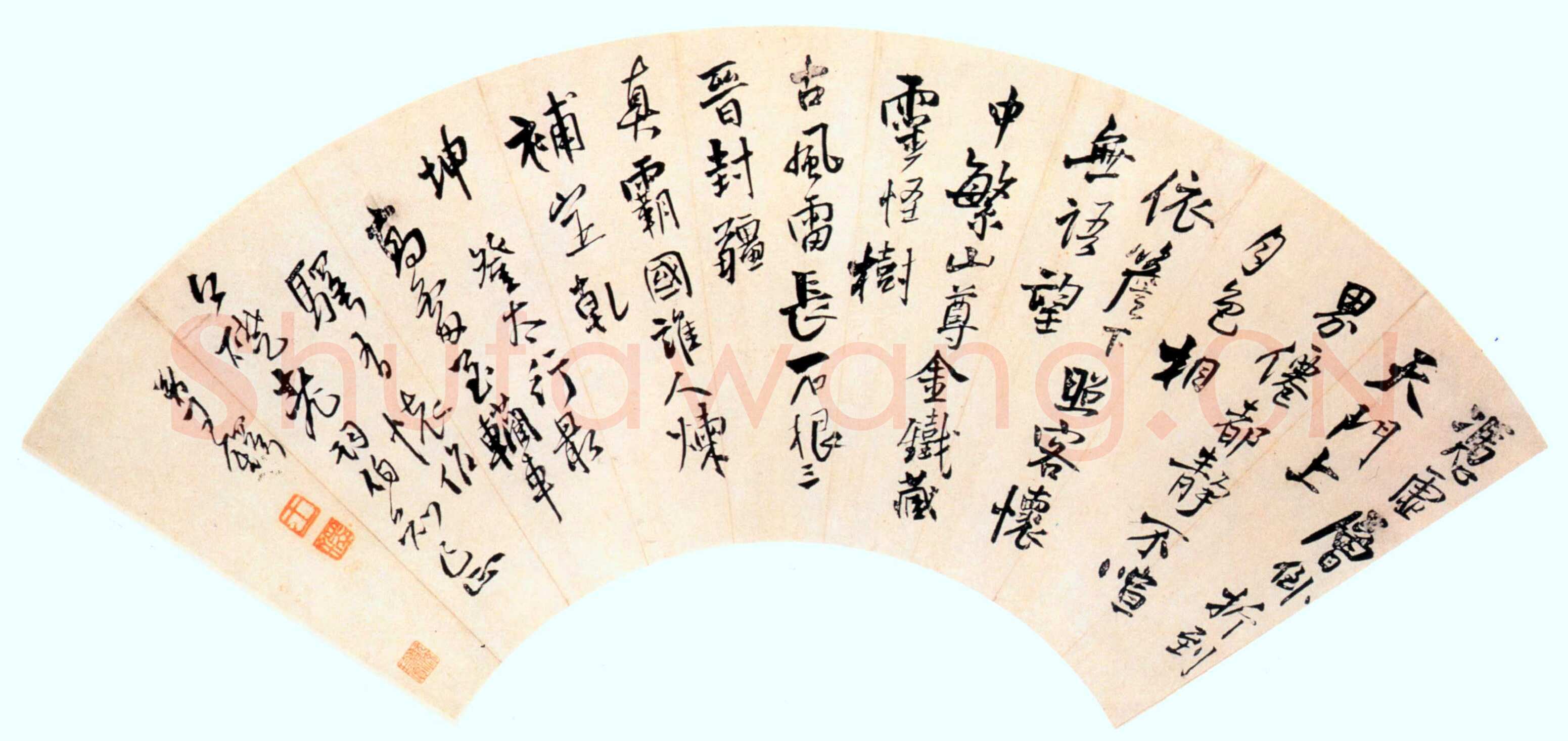 王铎 七律登太行最高处驿作扇面 纵51cm 横17.5cm 美国纽约杨思胜私人收藏