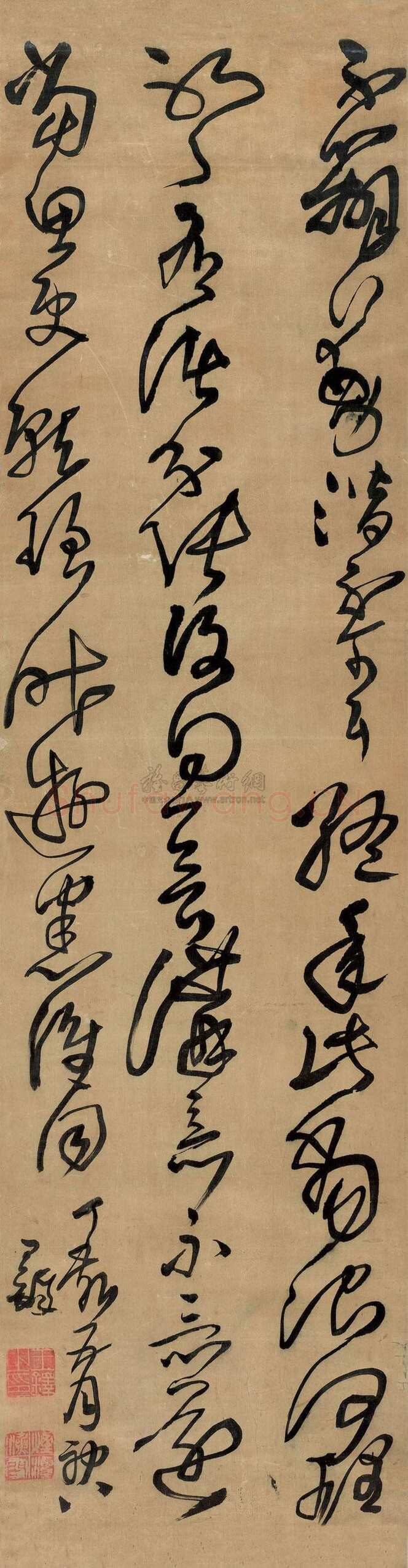 王铎《临张芝帖》轴 清顺治四年(丁亥1647年)绫本 草书 161.5×43.7cm 日本小林斗庵旧藏