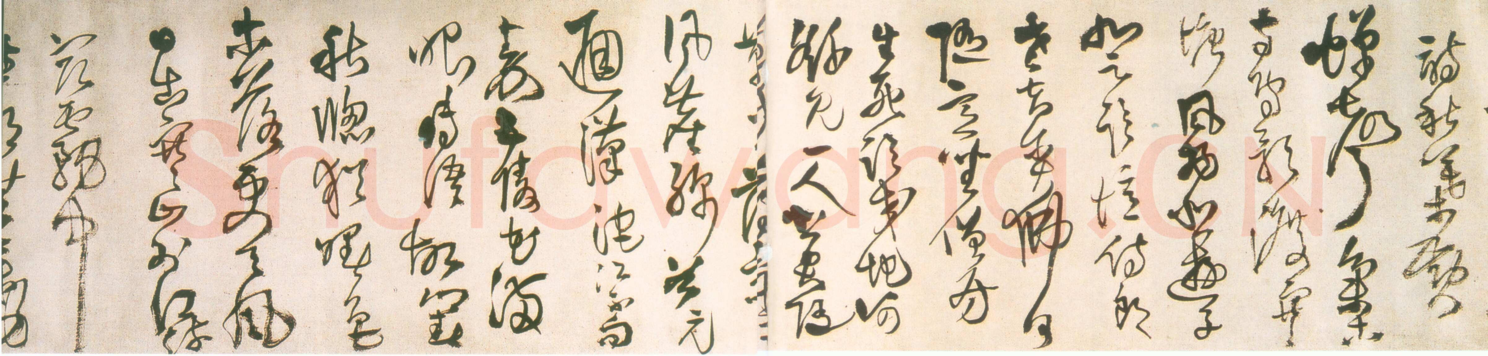 王铎《草书杜律卷局部》清顺治三年(丙戌1646年)草书，素绫本。纵25.1cm，横220.2cm。辽宁省博物馆藏。