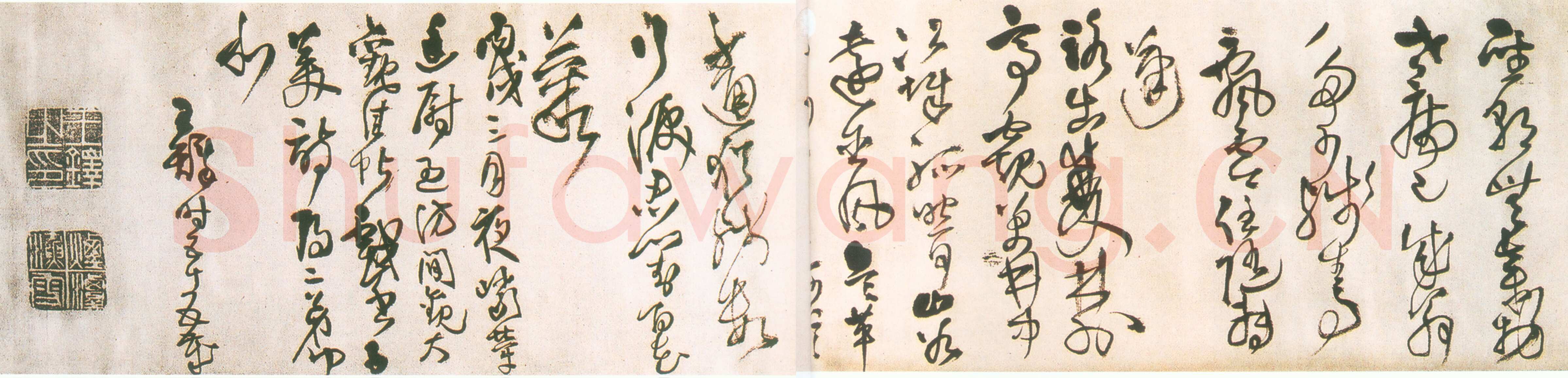 王铎《草书杜律卷局部》清顺治三年(丙戌1646年)草书，素绫本。纵25.1cm，横220.2cm。辽宁省博物馆藏。