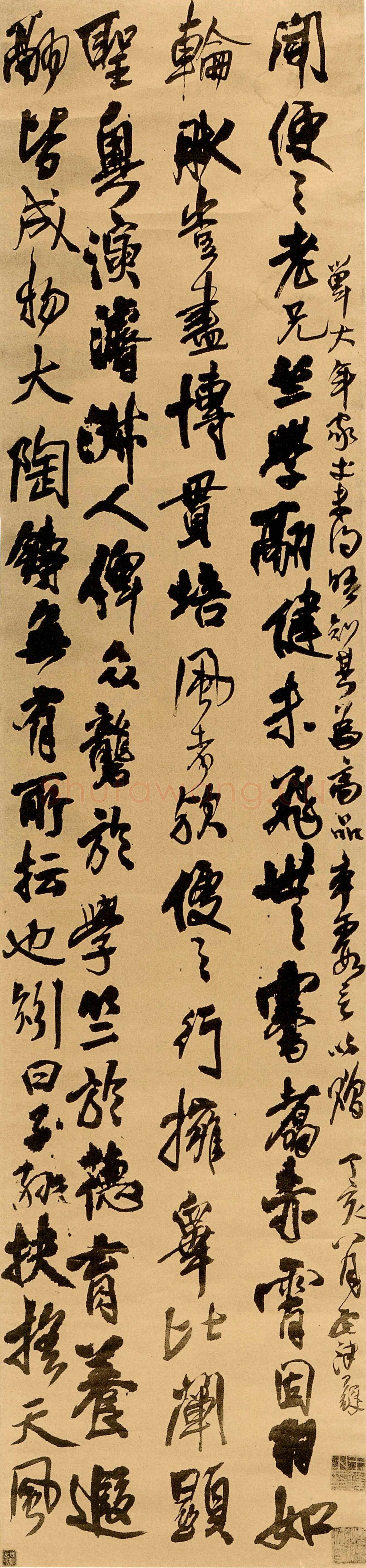 王铎《行书赠单大年家丈立轴》清顺治四年(丁亥1647年)。绫本 纵234cm，宽56cm。台湾何创时书法艺术馆藏