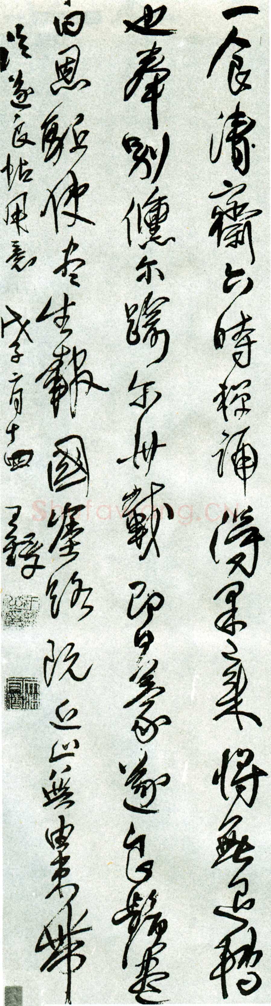王铎《节临褚遂良家侄帖》清顺治五年(戊子1648年)，绢本，行草书。纵202.5cm，横51.2cm。青岛市博物馆藏。