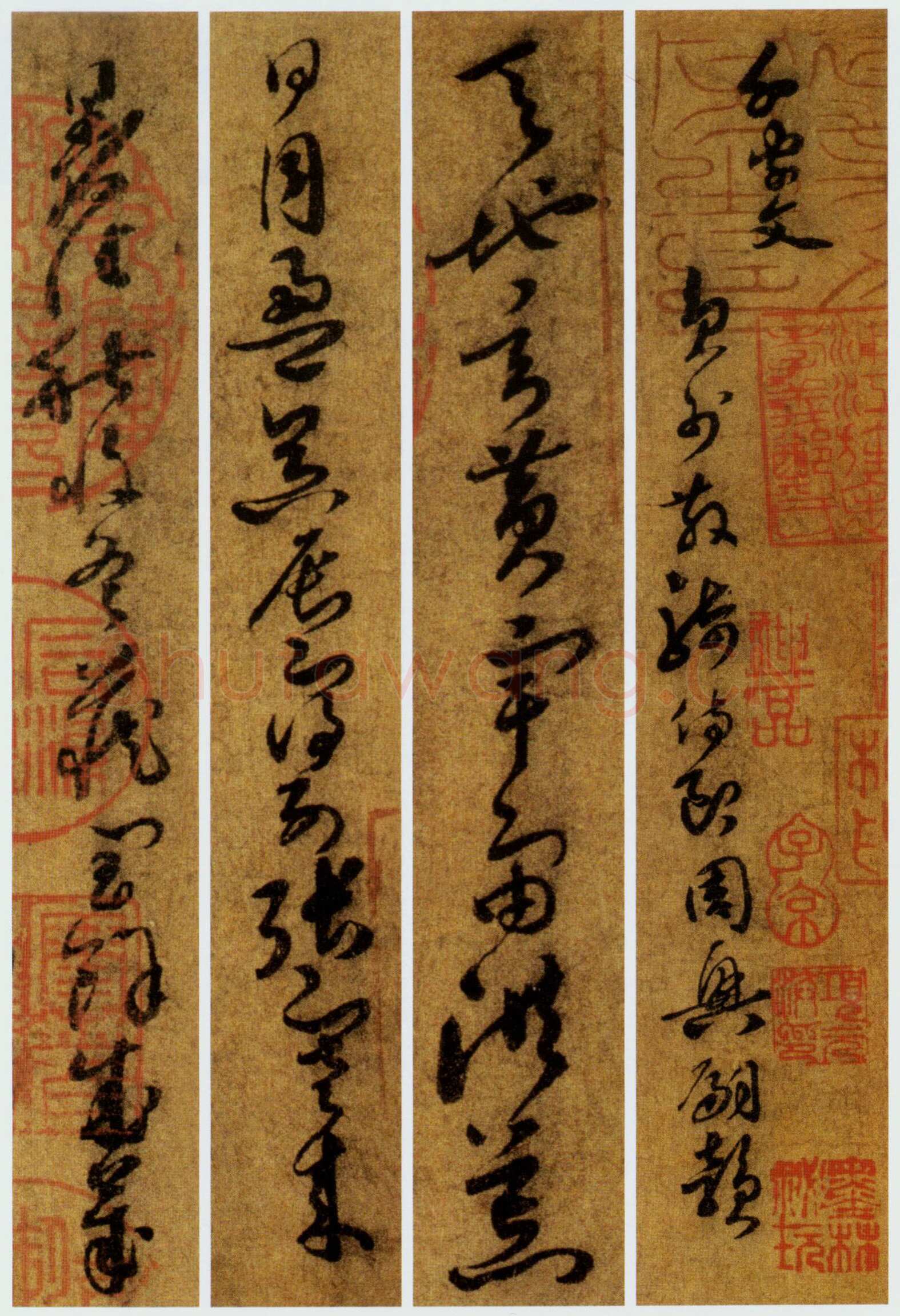 孙过庭《草书千字文第五本卷》白麻纸本 包首锦为宋紫钤鸾鹊谱缂丝 25.7×82.5厘米 辽宁省博物馆藏