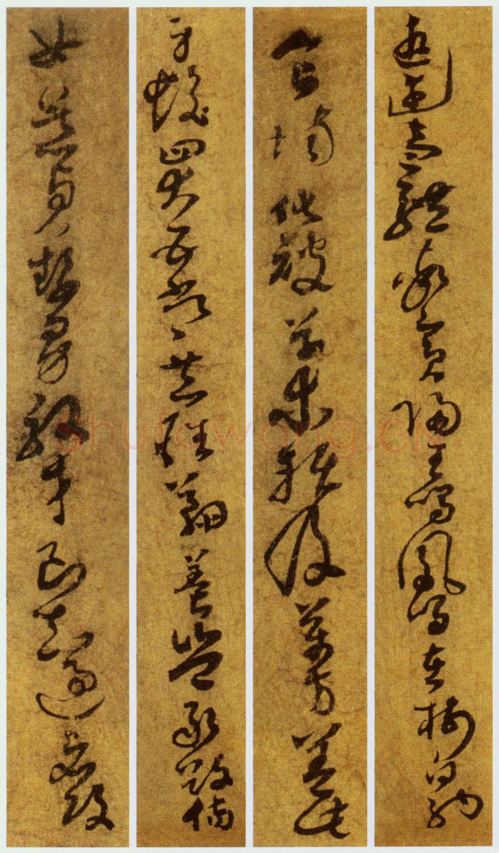 孙过庭《草书千字文第五本卷》白麻纸本 包首锦为宋紫钤鸾鹊谱缂丝 25.7×82.5厘米 辽宁省博物馆藏
