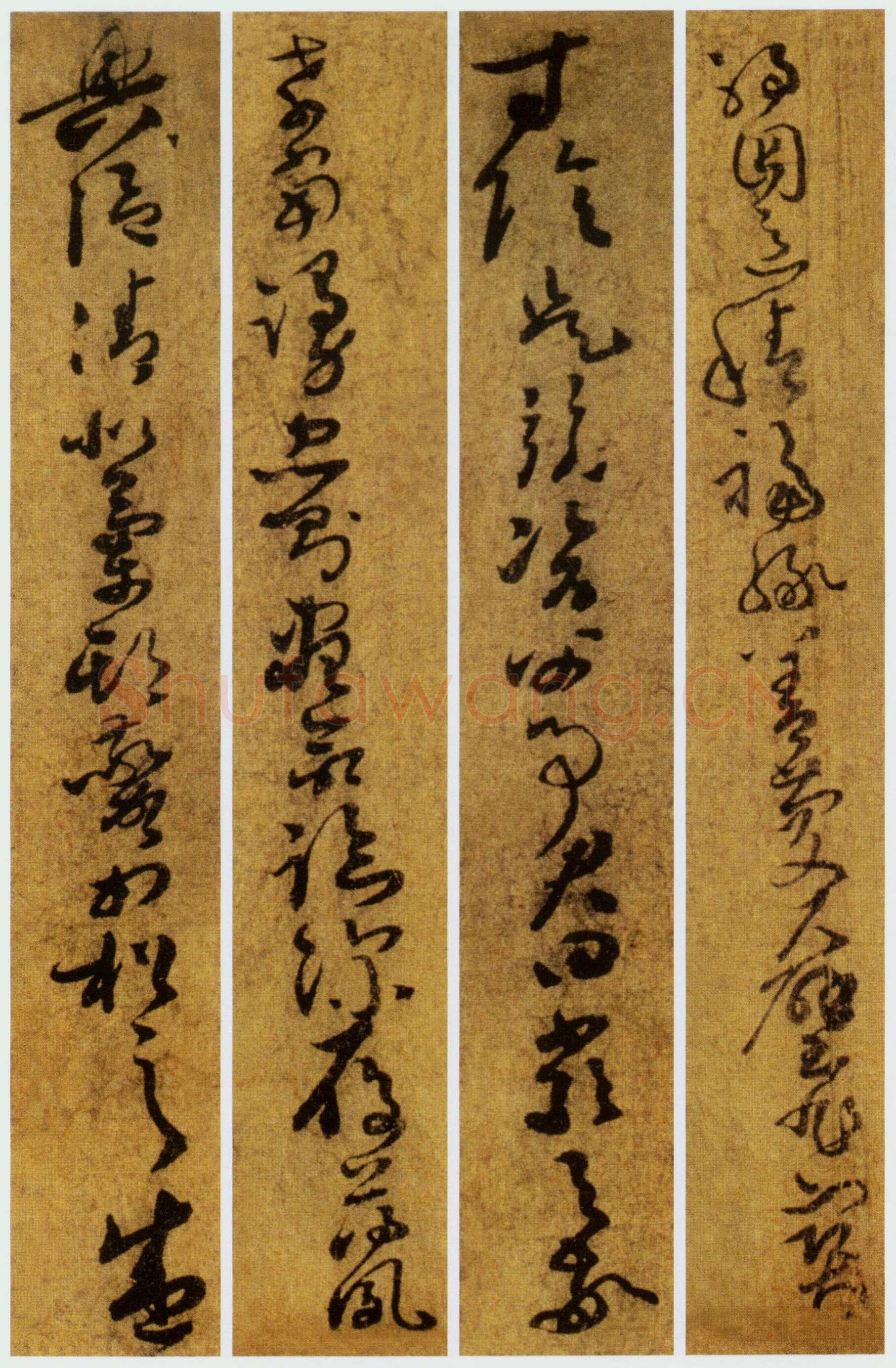 孙过庭《草书千字文第五本卷》白麻纸本 包首锦为宋紫钤鸾鹊谱缂丝 25.7×82.5厘米 辽宁省博物馆藏