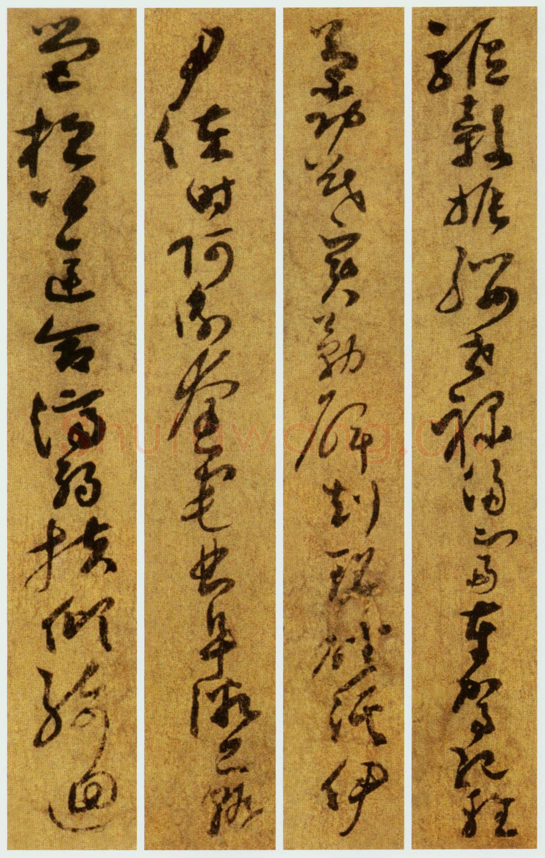 孙过庭《草书千字文第五本卷》白麻纸本 包首锦为宋紫钤鸾鹊谱缂丝 25.7×82.5厘米 辽宁省博物馆藏