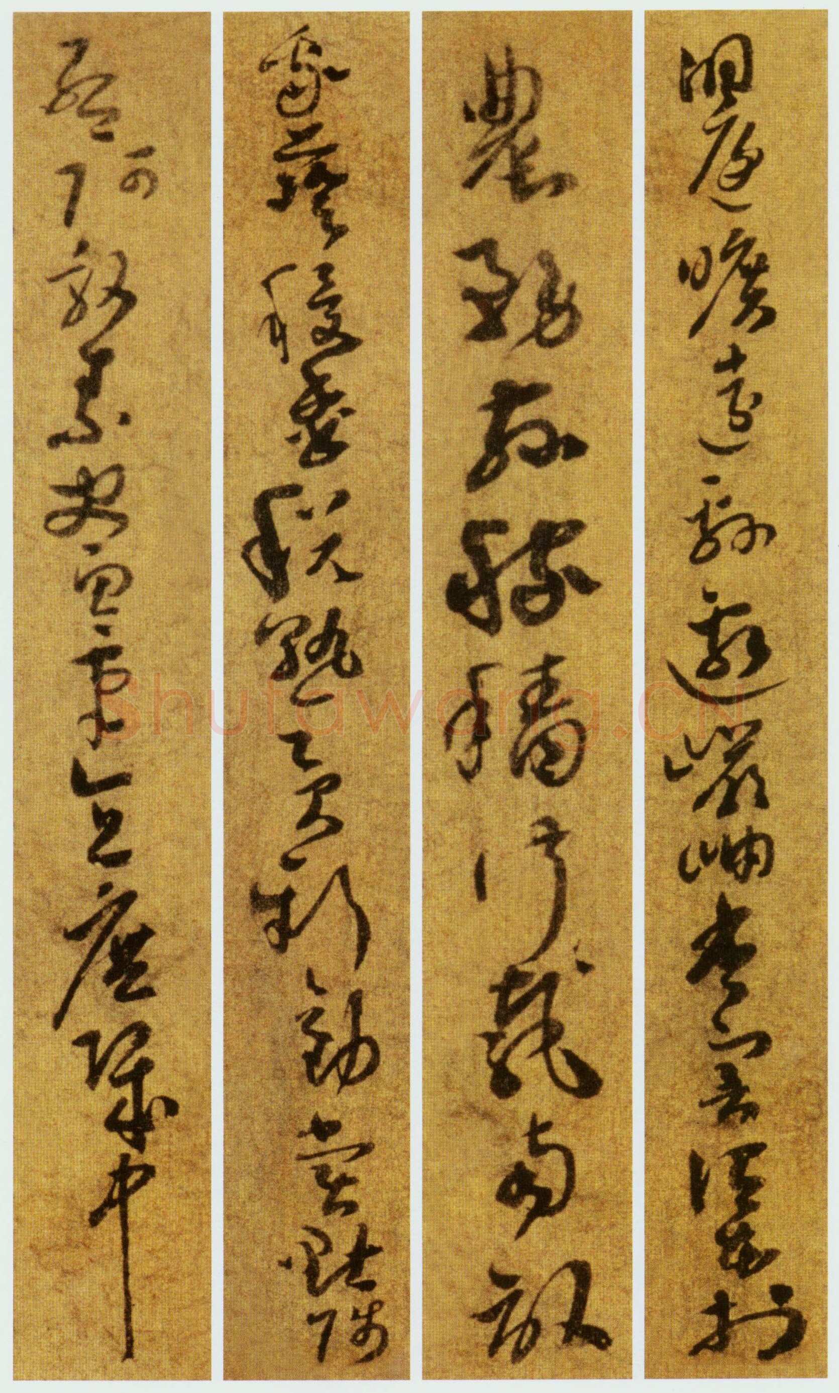孙过庭《草书千字文第五本卷》白麻纸本 包首锦为宋紫钤鸾鹊谱缂丝 25.7×82.5厘米 辽宁省博物馆藏