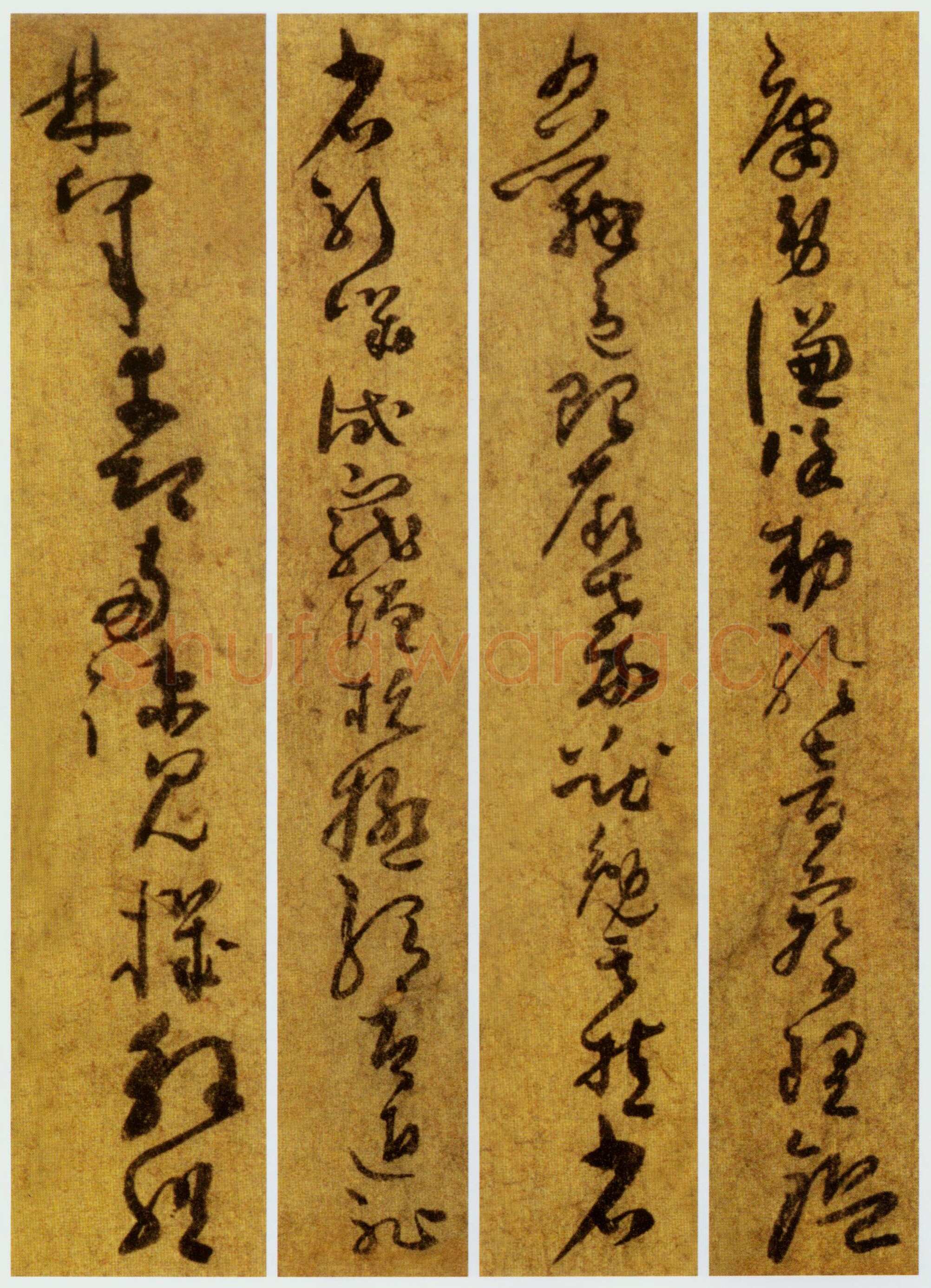 孙过庭《草书千字文第五本卷》白麻纸本 包首锦为宋紫钤鸾鹊谱缂丝 25.7×82.5厘米 辽宁省博物馆藏