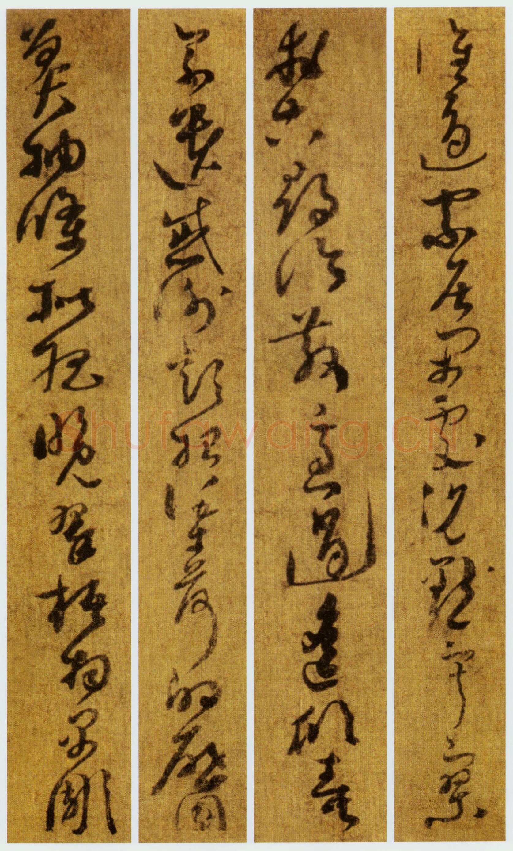 孙过庭《草书千字文第五本卷》白麻纸本 包首锦为宋紫钤鸾鹊谱缂丝 25.7×82.5厘米 辽宁省博物馆藏