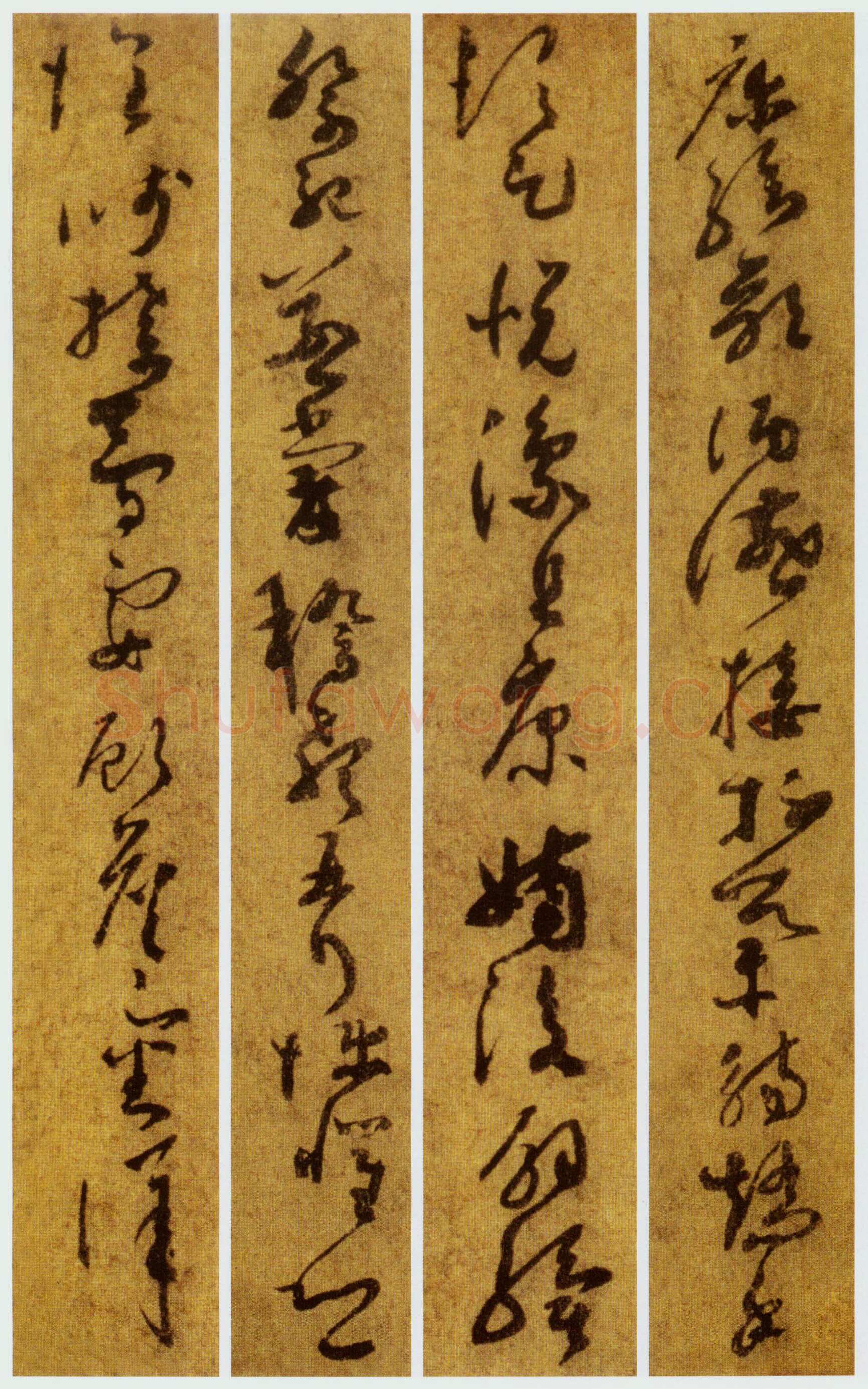 孙过庭《草书千字文第五本卷》白麻纸本 包首锦为宋紫钤鸾鹊谱缂丝 25.7×82.5厘米 辽宁省博物馆藏