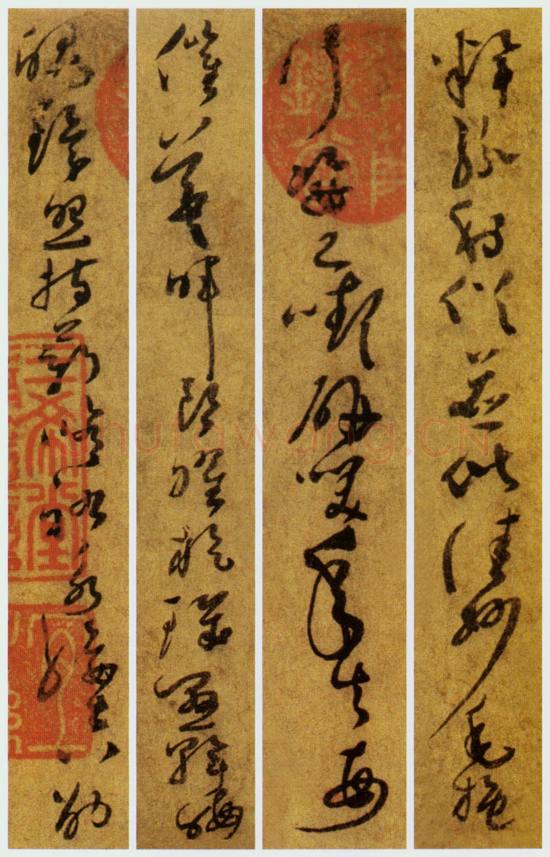 孙过庭《草书千字文第五本卷》白麻纸本 包首锦为宋紫钤鸾鹊谱缂丝 25.7×82.5厘米 辽宁省博物馆藏