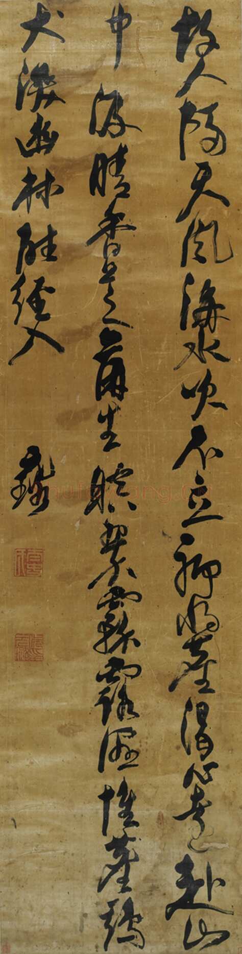 倪元璐《草书故人隔天风五言律诗轴》绫本草书 169×40cm 山西博物院藏