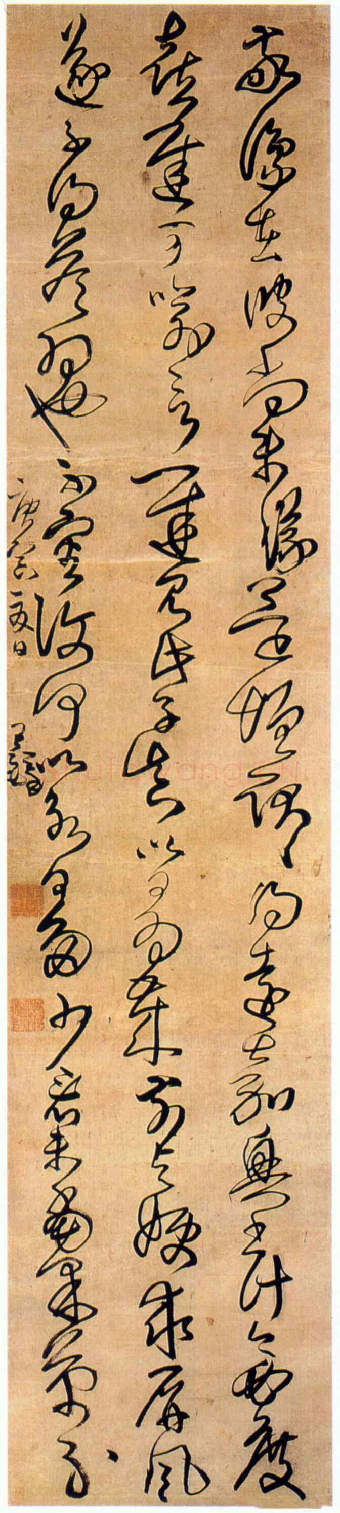 王铎《临王羲之帖》轴 清顺治七年(庚寅1650年)。草书，绫本。纵240cm，横51cm。开封市博物馆藏。