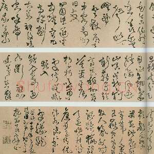 明代王铎《赠张抱一草书诗卷》崇祯十五年(壬午1642)。绫本。草书。长469cm，高26cm。日本东京国立博物馆藏。