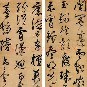 明代詹景凤《草书沈佺期诗轴》绢本草书 200.5×43cm×4 香港中文大学文物馆藏(北山堂捐赠)