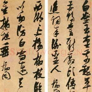 明代张瑞图《书王建宫词等四首条屏》绫本行草书 261×94.5cm×4条 日本黄檗山万福寺藏
