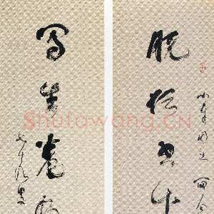 近现代林散之《赠朱小平草书脱俗写生七言联》纸本草书 1976年
